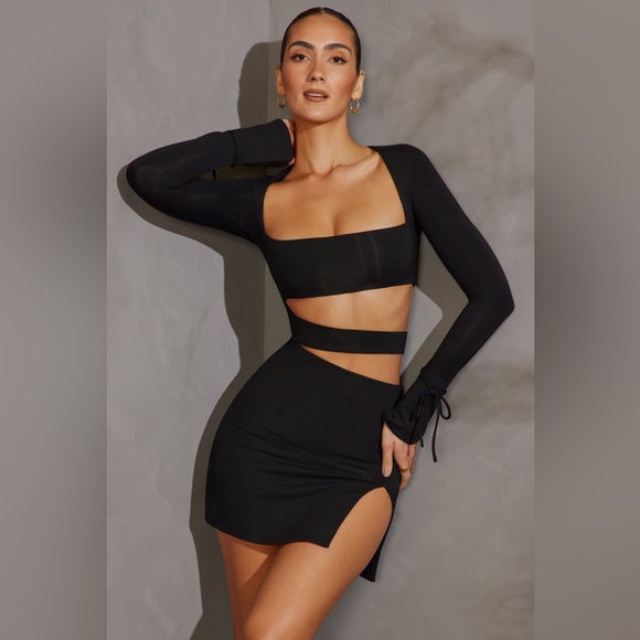 Oh Polly Enya Long Sleeve Cut Out Mini Dress in Black - Picture 1 of 4